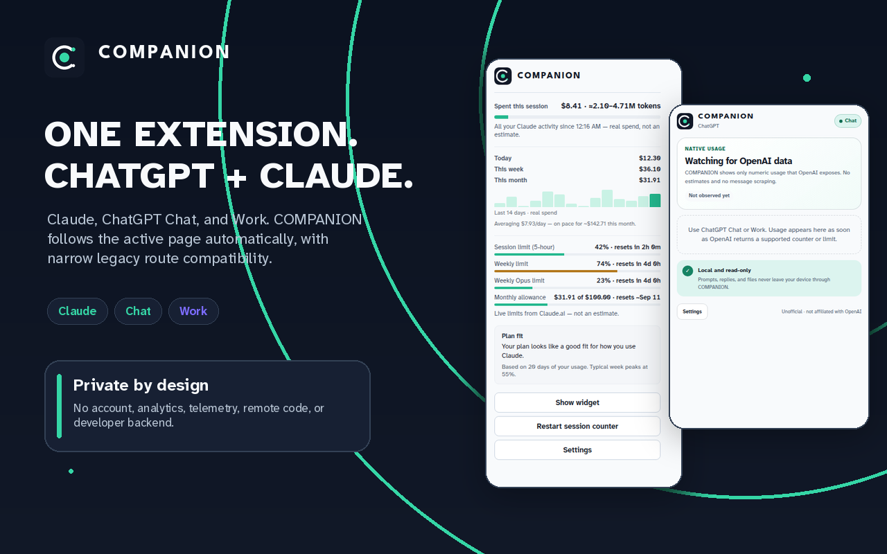 COMPANION overview with the Claude and ChatGPT usage popups side by side