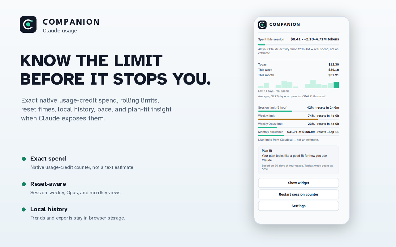 COMPANION usage popup showing session and weekly information