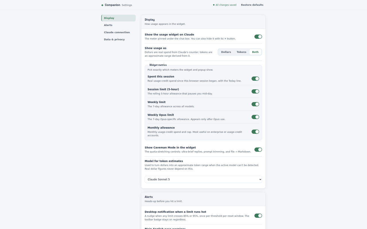 COMPANION privacy-first settings screen