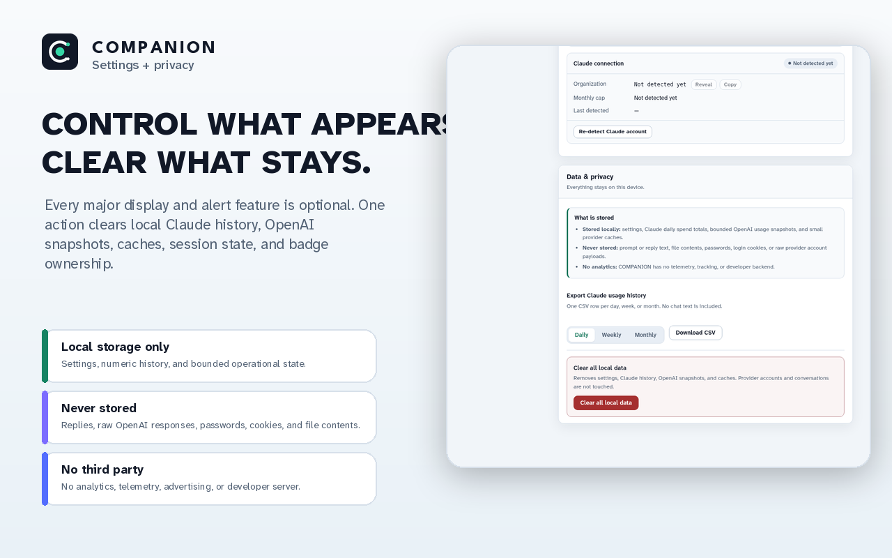 COMPANION privacy-first settings screen