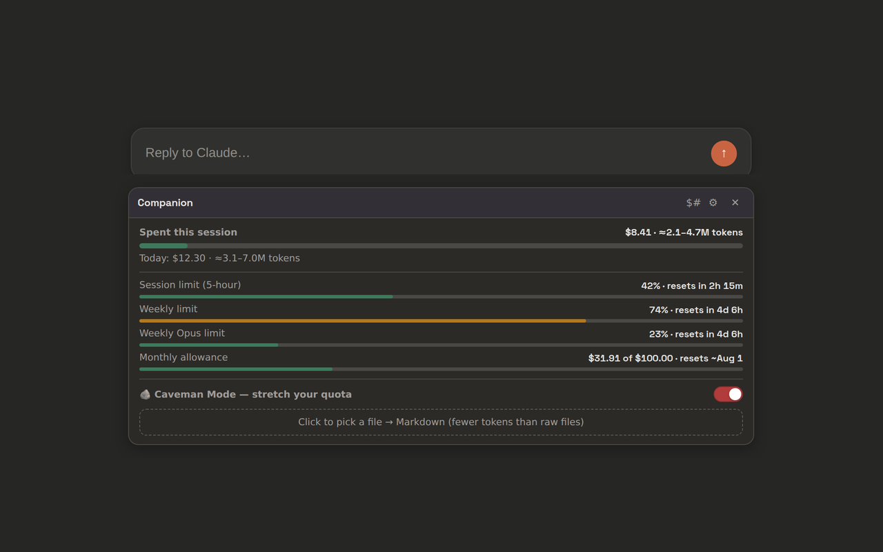 Dark COMPANION widget beneath a chat composer